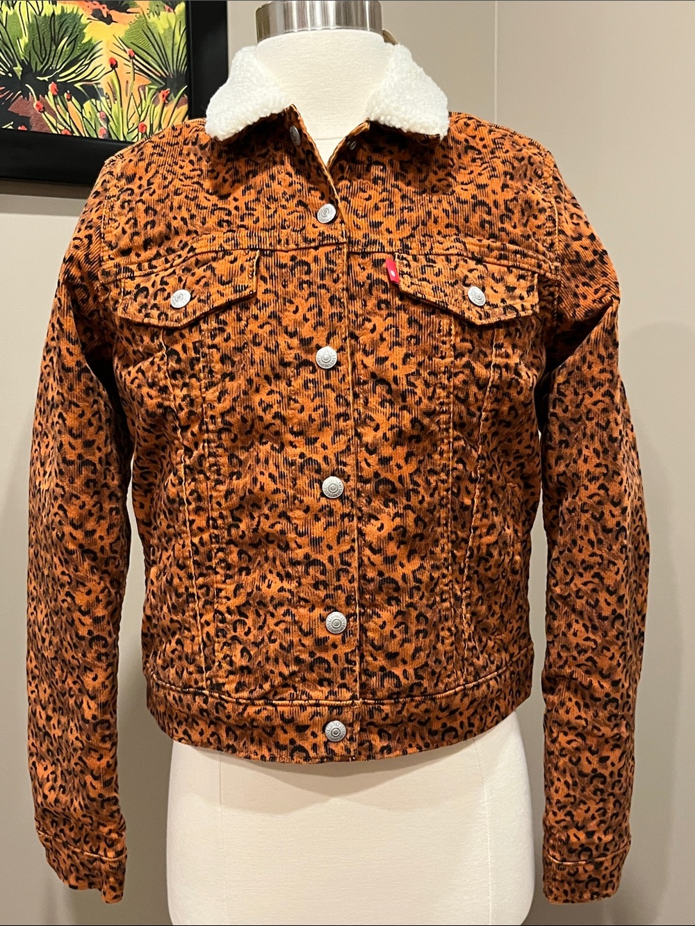 Levi's Orange Leopard Print Sherpa-Trim Trucker Jacket